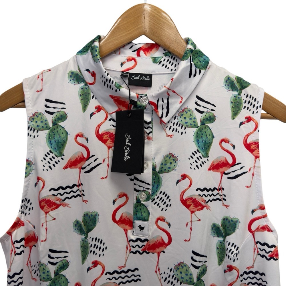 Bad Birdie NEW Women's Size XL Sleeveless Golf White Polo Top Cactus & Flamingos